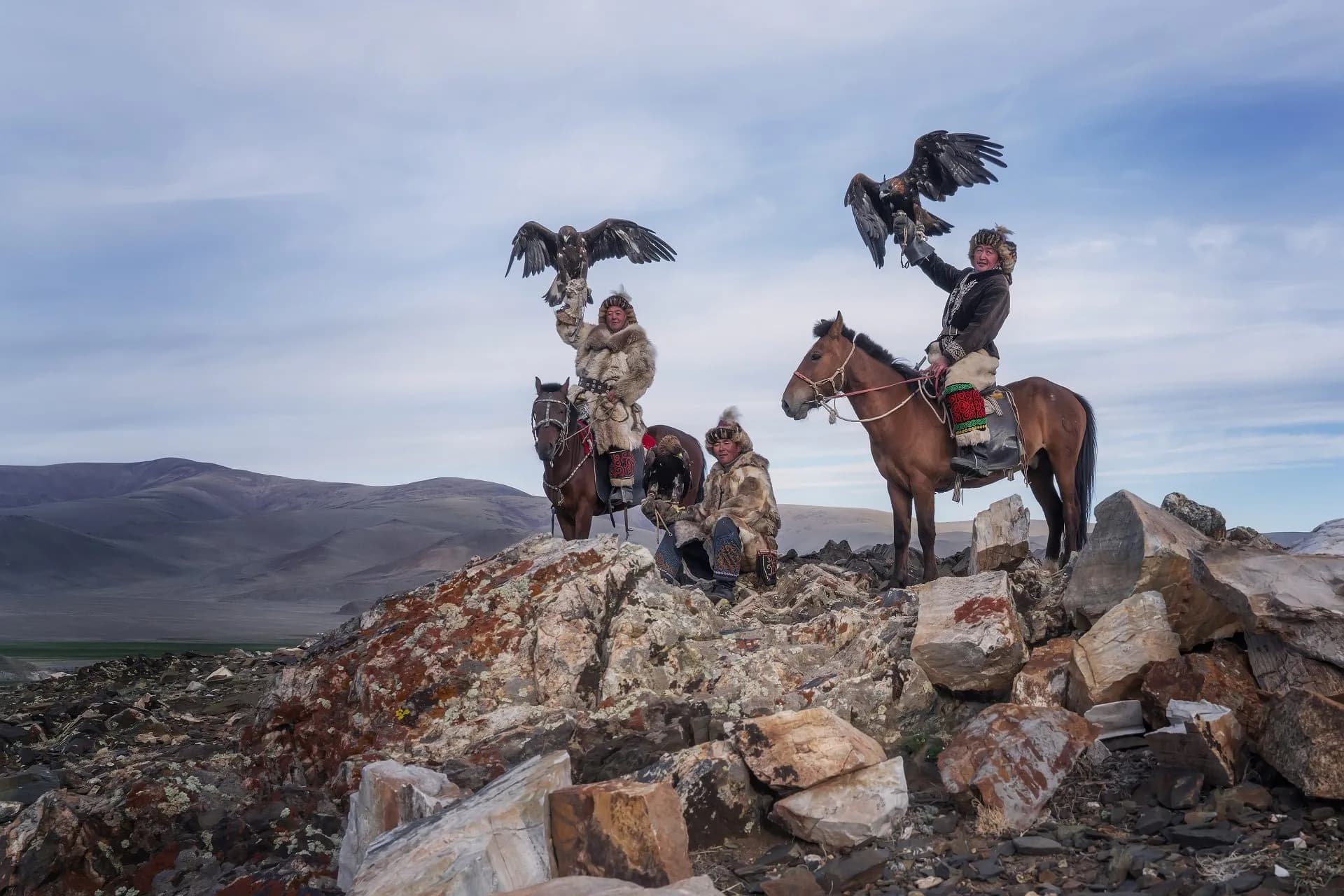 Kazakh eagle hunters at the private eagle festival camp in Bayan-Ölgii