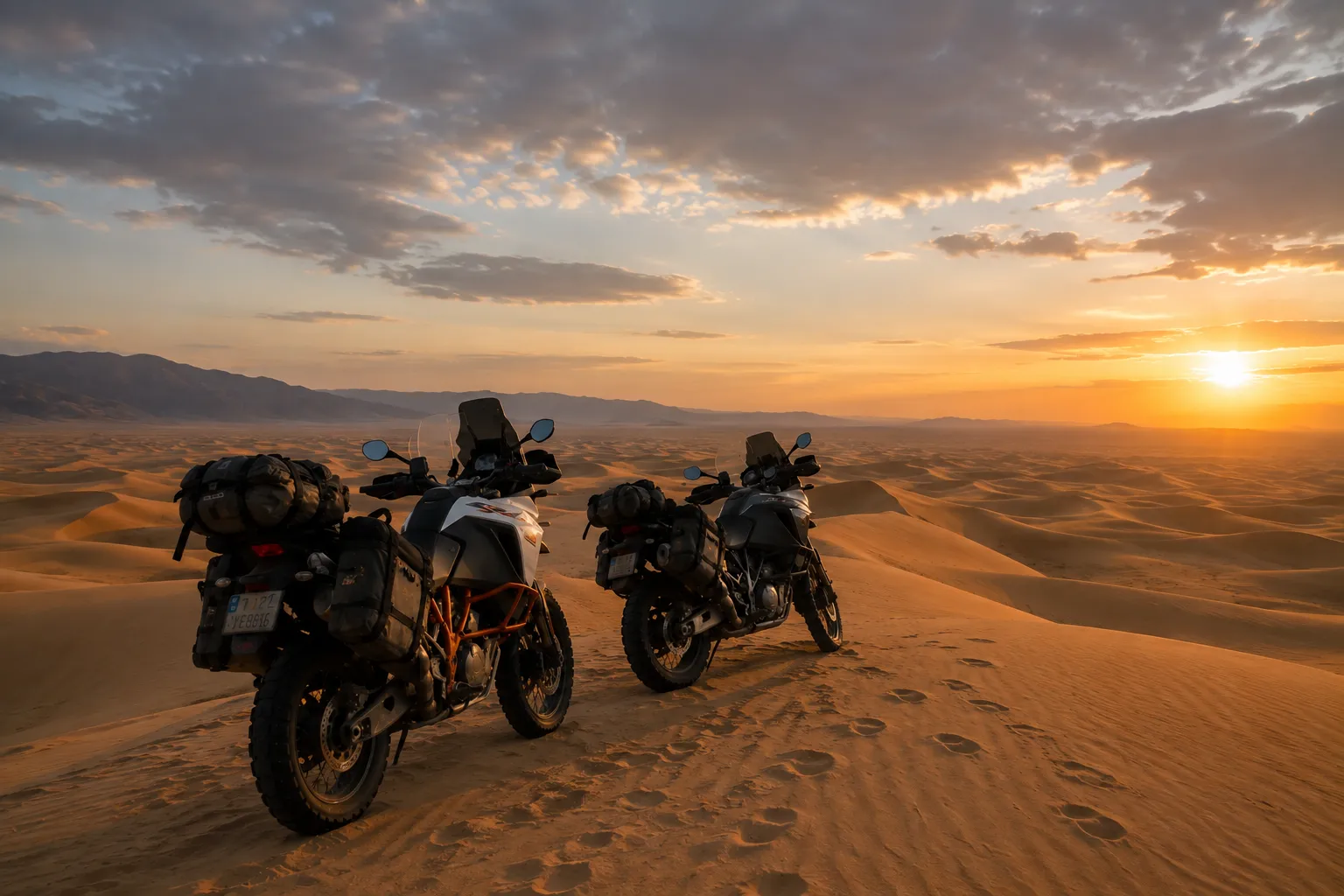 Adventure motorcycles on a remote desert route at sunset